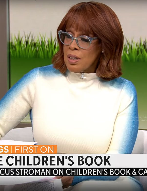 Gayle King’s white and blue dress on CBS Mornings