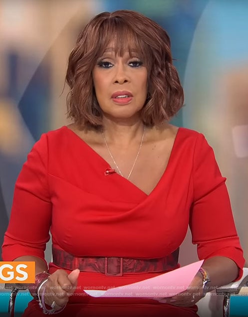 Gayle King’s red cowl neck dress on CBS Mornings