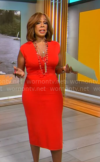 Gayle King’s red v-neck sheath dress on CBS Mornings