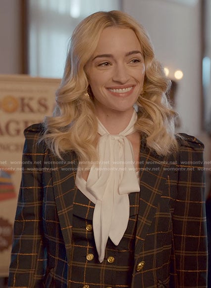 Georgia’s plaid 3 piece suit and tie neck blouse on Ginny & Georgia