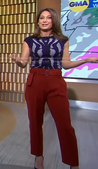 Ginger’s navy print top and brown belted pants on Good Morning America