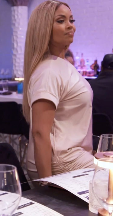 Gizelle’s one-shoulder ruched t-shirt dress on The Real Housewives of Potomac