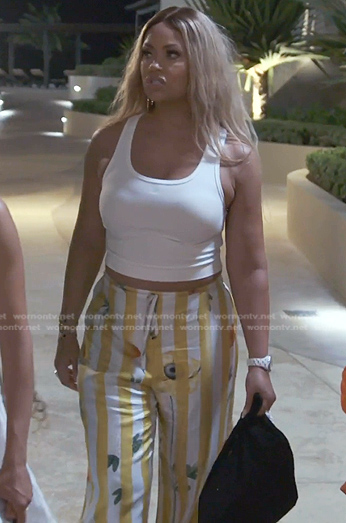 Gizelle's yellow striped pants on The Real Housewives of Potomac