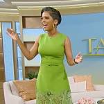 Tamron’s green lace inset sleeveless dress on Tamron Hall Show