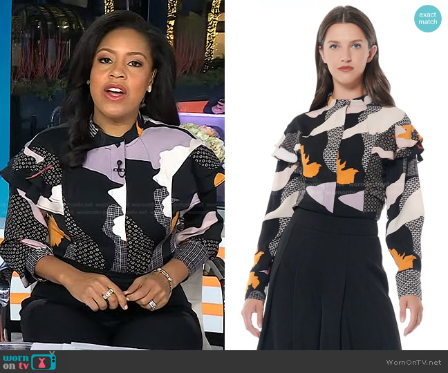 Gracia Ruffle-Splice Layered Long Cuff Sleeve Printed Top worn by Sheinelle Jones on Today