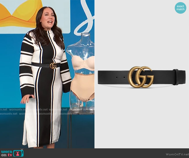 Gucci Re-Edition wide leather belt worn by Jene Luciani-Sena on Access Hollywood