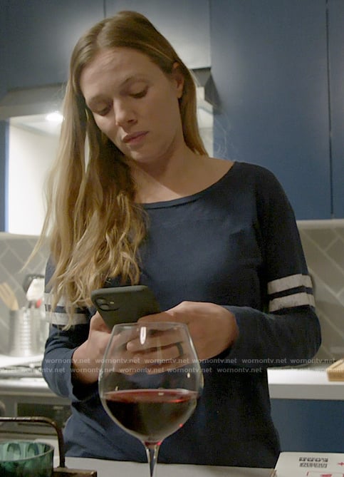 Hailey's navy striped sleeve tee on Chicago PD