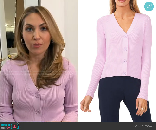 Halogen Rib Cardigan in Orchid Bloom worn by Lori Bergamotto on Good Morning America