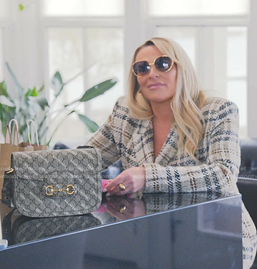 Heather’s plaid blazer and shoulder bag on The Real Housewives of Salt Lake City