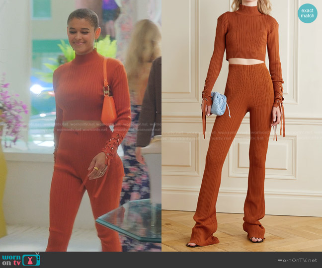 Herve Leger Cropped Lace-Up Ribbed Top and Pants worn by Julien Calloway (Jordan Alexander) on Gossip Girl