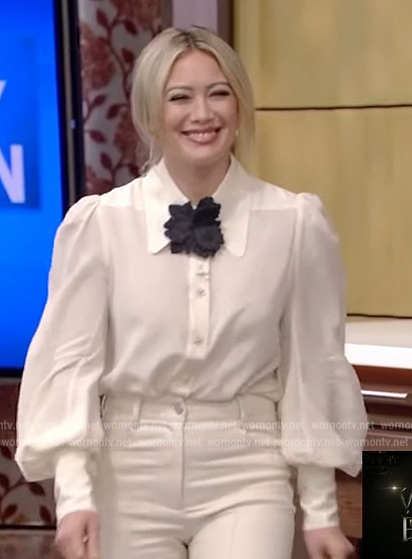 Hillary Duff's white floral applique blouse on Live with Kelly and Ryan