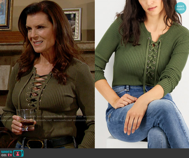 INC International Concepts Lace-Up Ribbed Sweater worn by Sheila Carter (Kimberlin Brown) on The Bold and the Beautiful
