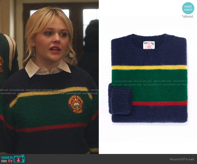J. Press Shaggy Dog Stripe Sweater in Navy Green Yellow Red Classic Fit worn by Audrey Hope (Emily Alyn Lind) on Gossip Girl