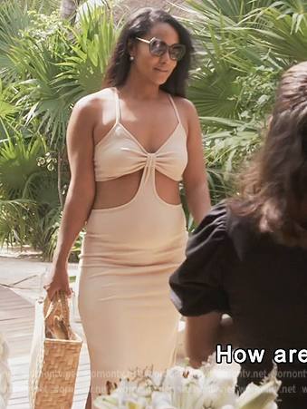 Jacqueline’s beige cutout dress on The Real Housewives of Potomac