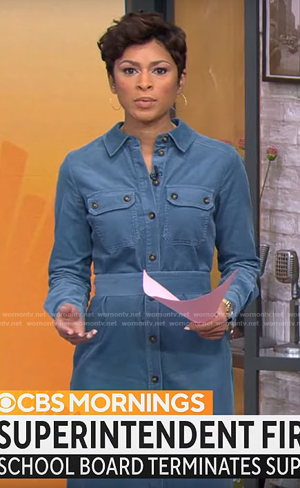 Jericka Duncan's blue corduroy shirtdress on CBS Mornings