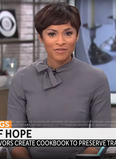 Jericka Duncan's grey bow neck dress on CBS Mornings