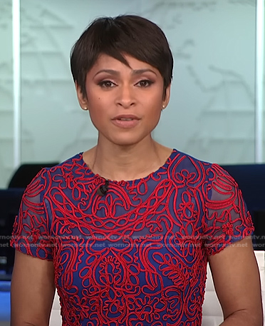 Jericka’s red and blue embroidered dress on CBS Evening News
