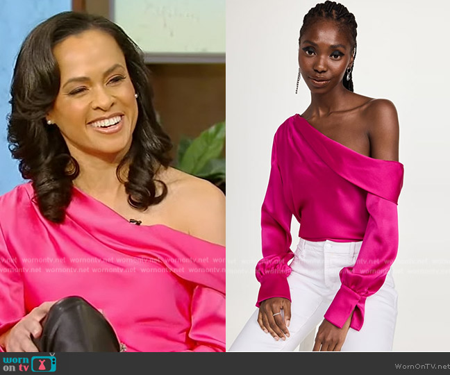 Jonathan Simkhai Alice Classic Wovens One Shoulder Top worn by Lindsey Davis on Tamron Hall Show