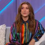 Kate Walsh’s multicolored satin stripe blouse and pants on The Kelly Clarkson Show