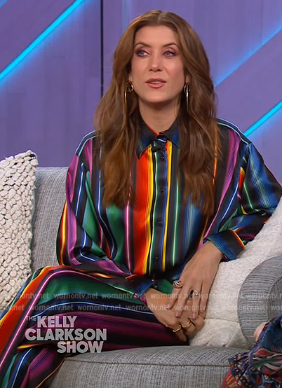 Kate Walsh’s multicolored satin stripe blouse and pants on The Kelly Clarkson Show