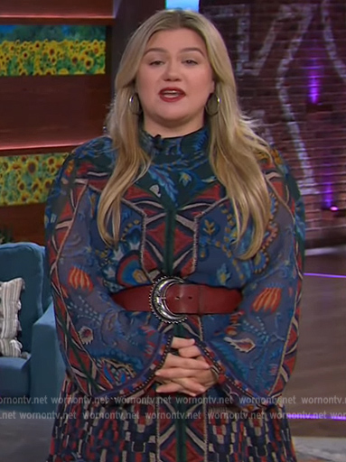 Kelly’s blue tapestry embroidered maxi dress on The Kelly Clarkson Show