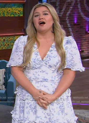 Kelly's white floral ruffle trim dress on The Kelly Clarkson Show