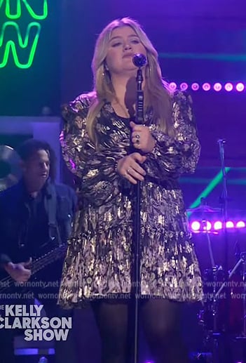 Kelly’s floral metallic mini dress on The Kelly Clarkson Show