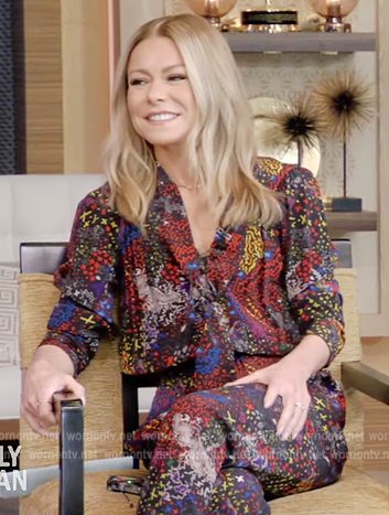 Kelly’s black floral print jumpsuit on Live with Kelly and Ryan