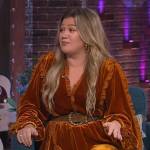 Kelly’s gold velvet ruffle trim mini dress on The Kelly Clarkson Show