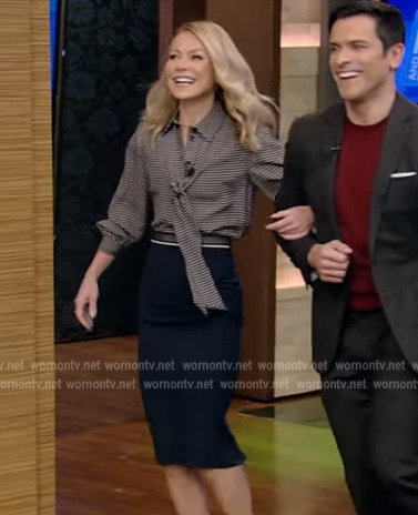 Kelly’s printed tie neck blouse and skirt on Live with Kelly and Mark