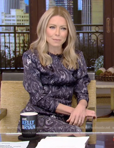 Kelly’s blue printed dress on Live with Kelly and Ryan