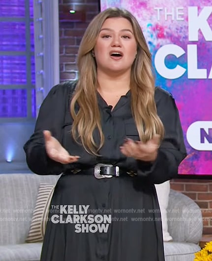 Kelly’s black satin shirtdress on The Kelly Clarkson Show