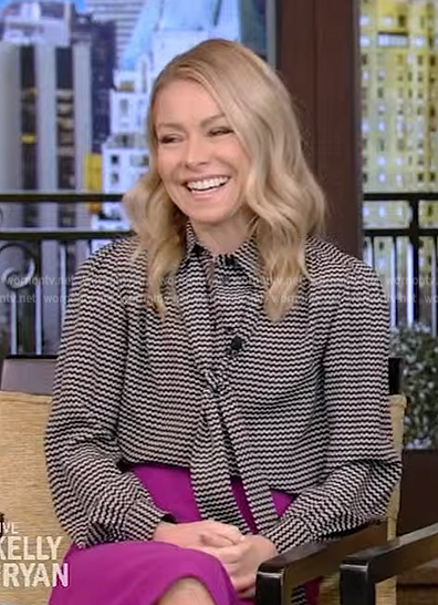 Kelly's printed tie neck blouse on Live with Kelly and Ryan