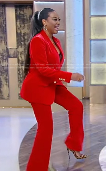 Kenya Moore’s red velvet blazer and pants on Tamron Hall Show