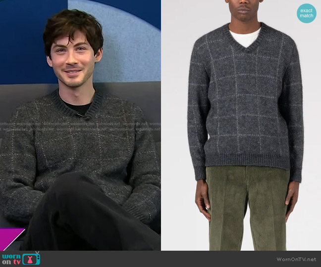 Knickerbocker Check V-Sweater in Charcoal worn by Logan Lerman on Today