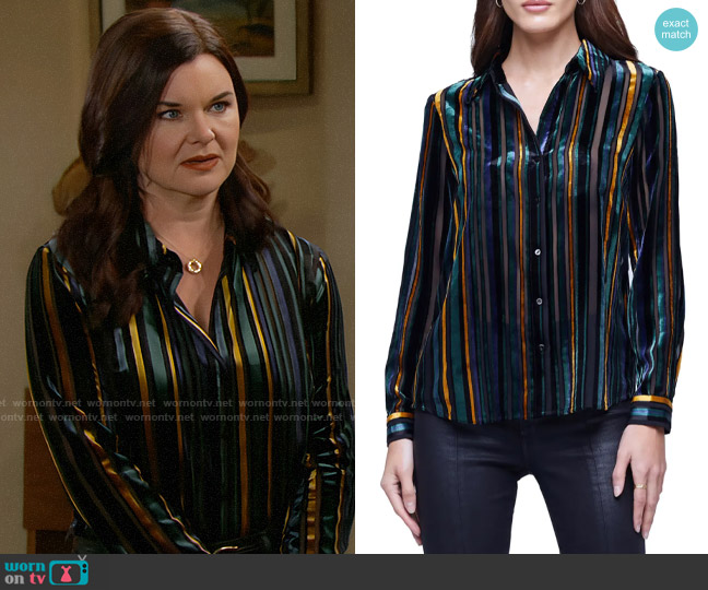 L'Agence Laurent Velvet Stripe Blouse worn by Katie Logan (Heather Tom) on The Bold and the Beautiful