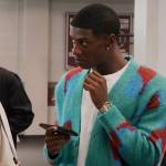 Lando’s blue cashmere printed cardigan on All American Homecoming