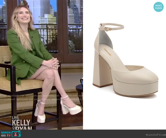 Larroude Ari Leather Ankle-Strap Platform Pumps worn by Emma Roberts on Live with Kelly and Ryan