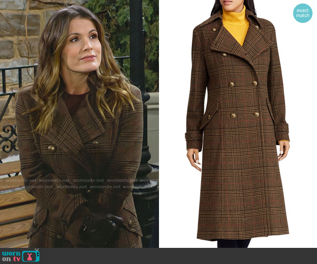 LAUREN Ralph Lauren Double-Breasted Button Front Gun Check Maxi Coat worn by Chelsea Lawson (Melissa Claire Egan) on The Young and the Restless