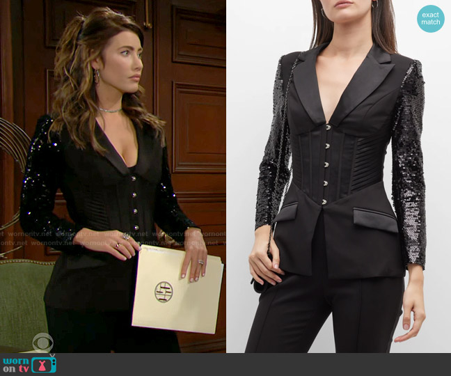 Lavish Alice Pleated Sequin-Sleeve Corset Jacket worn by Steffy Forrester (Jacqueline MacInnes Wood) on The Bold and the Beautiful