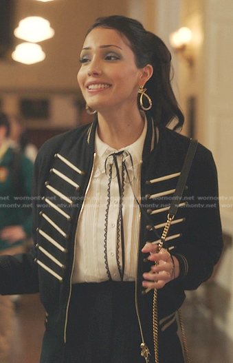 Luna's white tie neck blouse and military jacket on Gossip Girl
