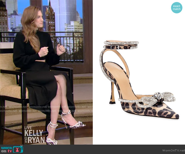 Mach & Mach Double Bow crystal-embellished leopard-print satin point-toe pumps worn by Allison Williams on Live with Kelly and Ryan