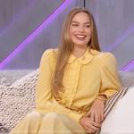 Margot Robbie’s yellow ruffle blouse and belted pants on The Kelly Clarkson Show