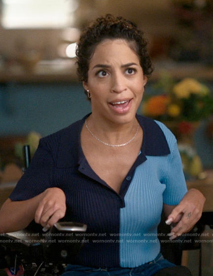 Maribel’s blue two-tone polo top on The L Word Generation Q