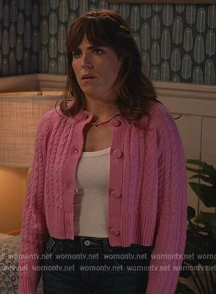 Marina’s pink cable knit cardigan on Home Economics