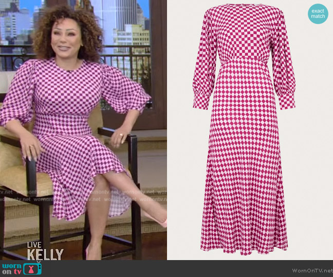 Mark and Spencer x Ghost Crepe Checked 3/4 Sleeve Midi Tea Dress worn by Mel B on Live with Kelly and Ryan