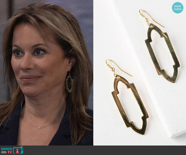 Matr Boomie Ashram gold drop earrings in slim arch window design worn by Alexis Davis (Nancy Lee Grahn) on General Hospital