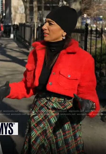 Michelle Miller's plaid tweed shirt and cropped red jacket on CBS Mornings