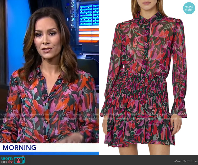 Milly Lacey Floral-Print Button-Down Top worn by Rebecca Jarvis on Good Morning America
