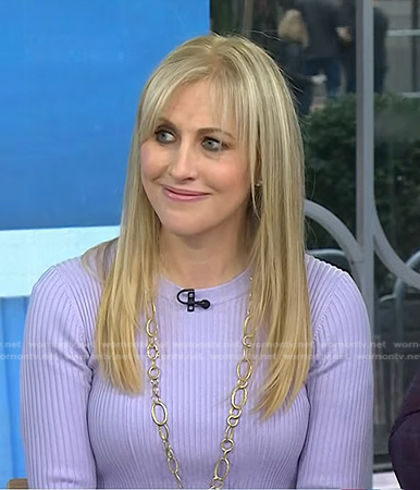 Emily Giffin’s purple ribbed peplum sweater on Today